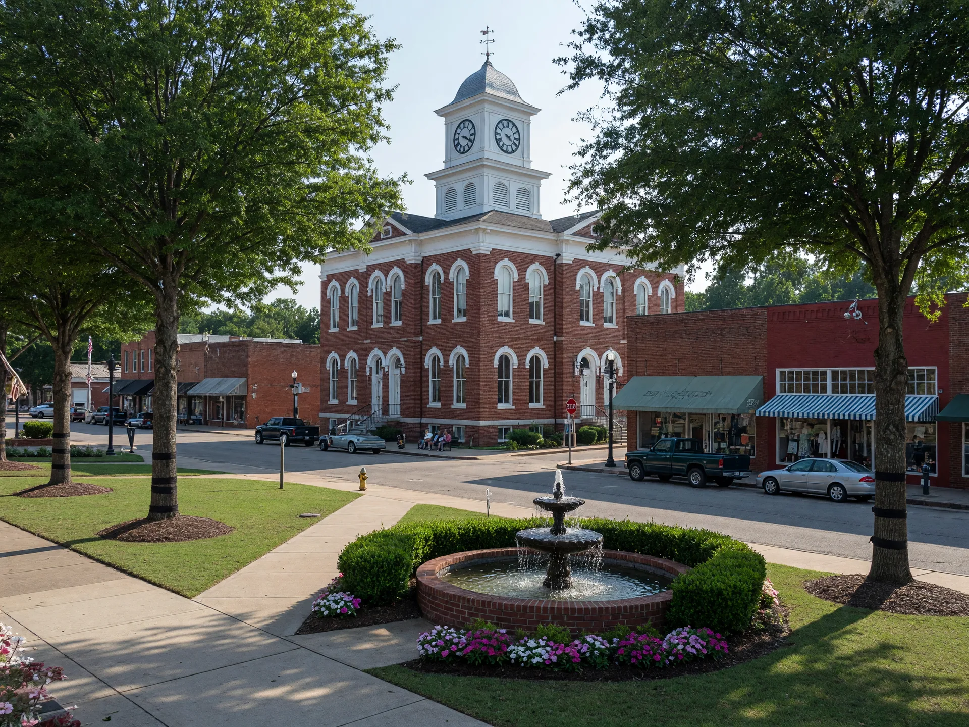 A historic red brick courthouse with a white clock cupola at the center of a tree-lined small-town square