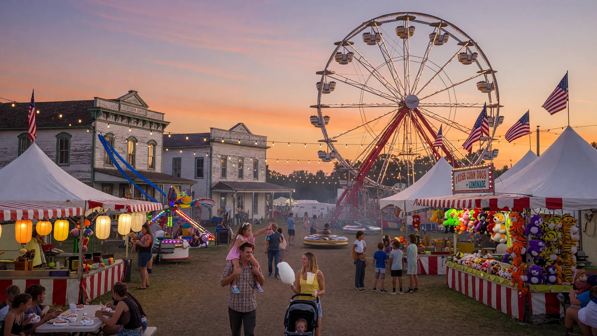 Lake County Fair in Crown Point at twilight with a colorful carnival midway, towering ferris wheel silhouetted against an orange and lavender evening sky, white tents and food vendor booths, and families enjoying the fairgrounds on a warm August evening