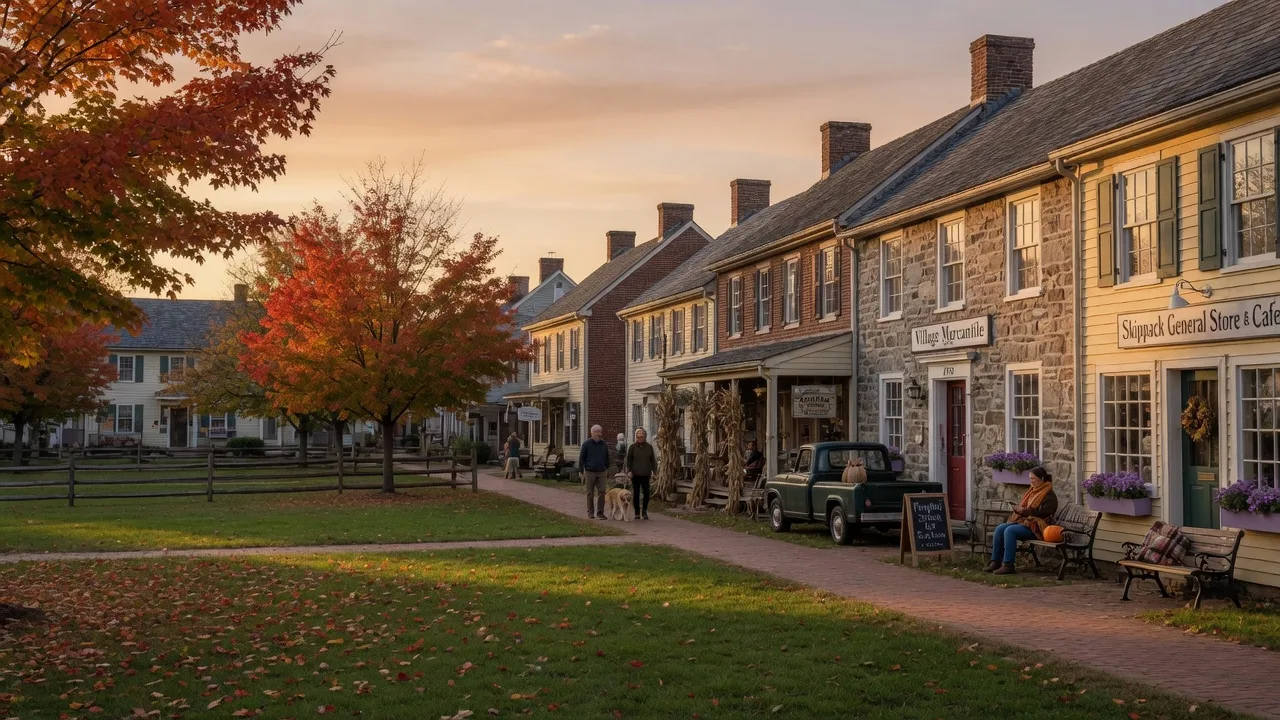 Historic village shops along the green in Skippack, Pennsylvania in golden-hour light