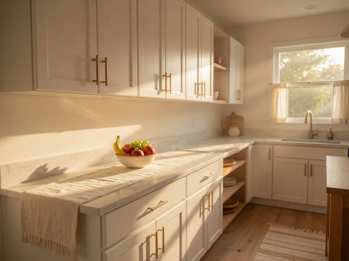 Staged kitchen with white cabinets and warm morning light