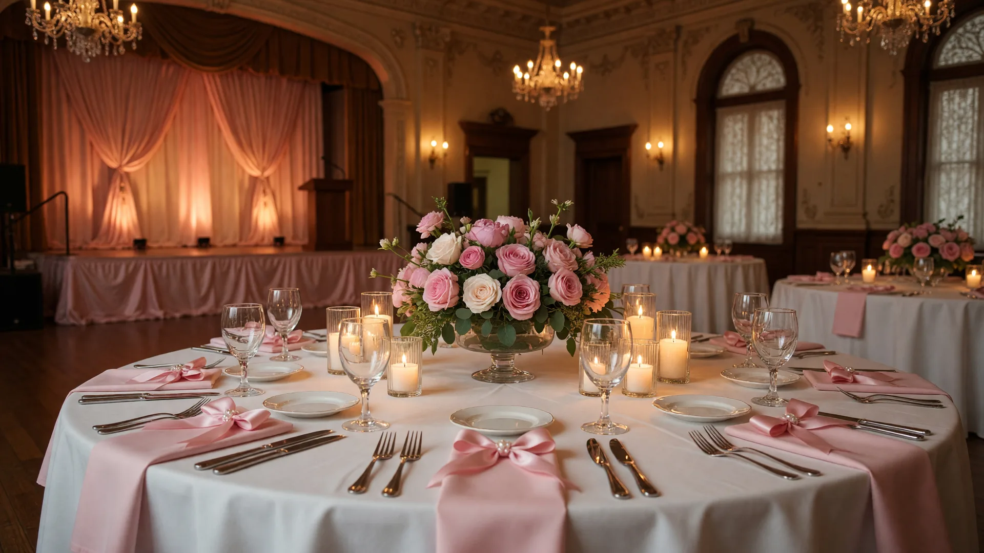 Elegant fundraising gala table setting with white linen, pink floral centerpieces, and glowing candles in an event venue