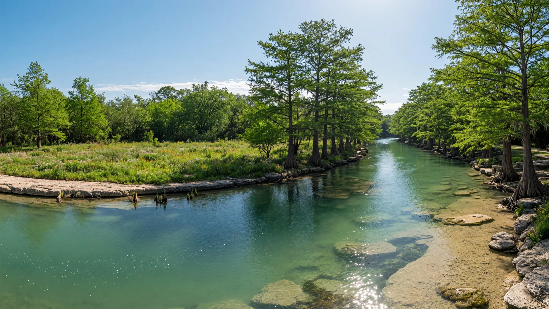 The Guadalupe River lined with cypress trees in the Texas Hill Country