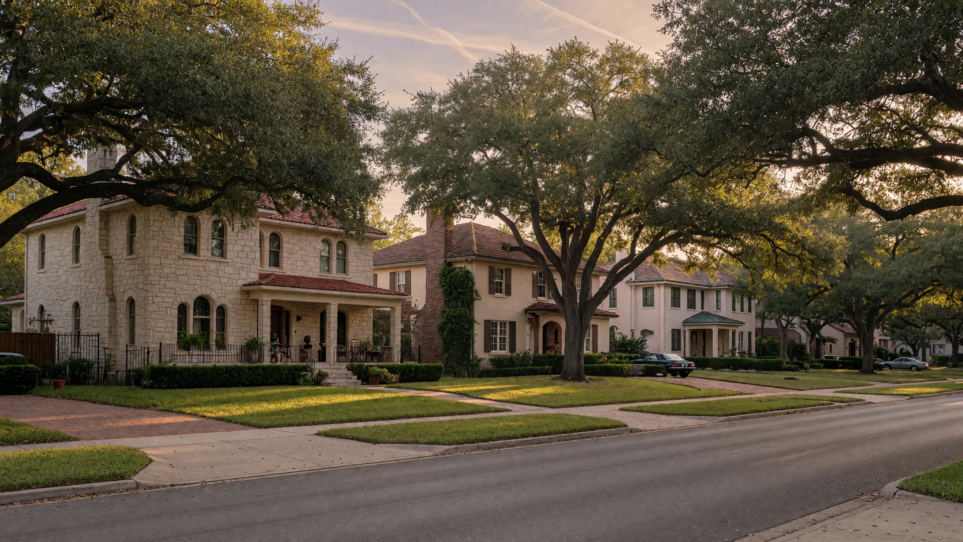 A hilly San Antonio street of mid-century ranch and split-level homes on tree-lined slopes at late afternoon, in the San Antonio home inspection service area of Rodeo Home Inspections