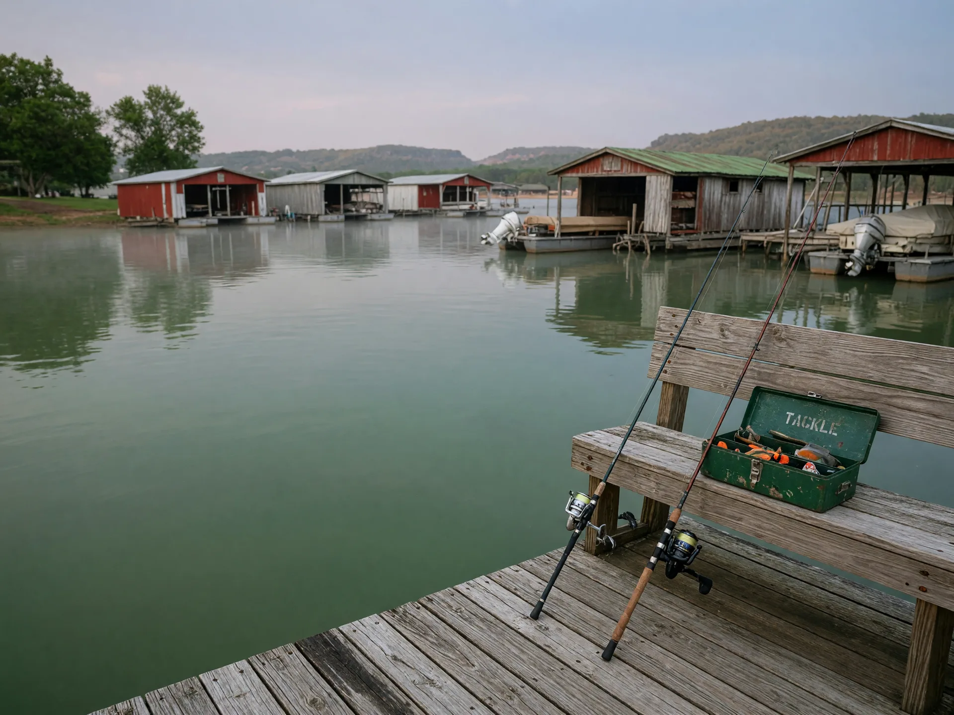 Fishing rods and a tackle box on a quiet wooden dock at a Lake Texoma marina in morning light
