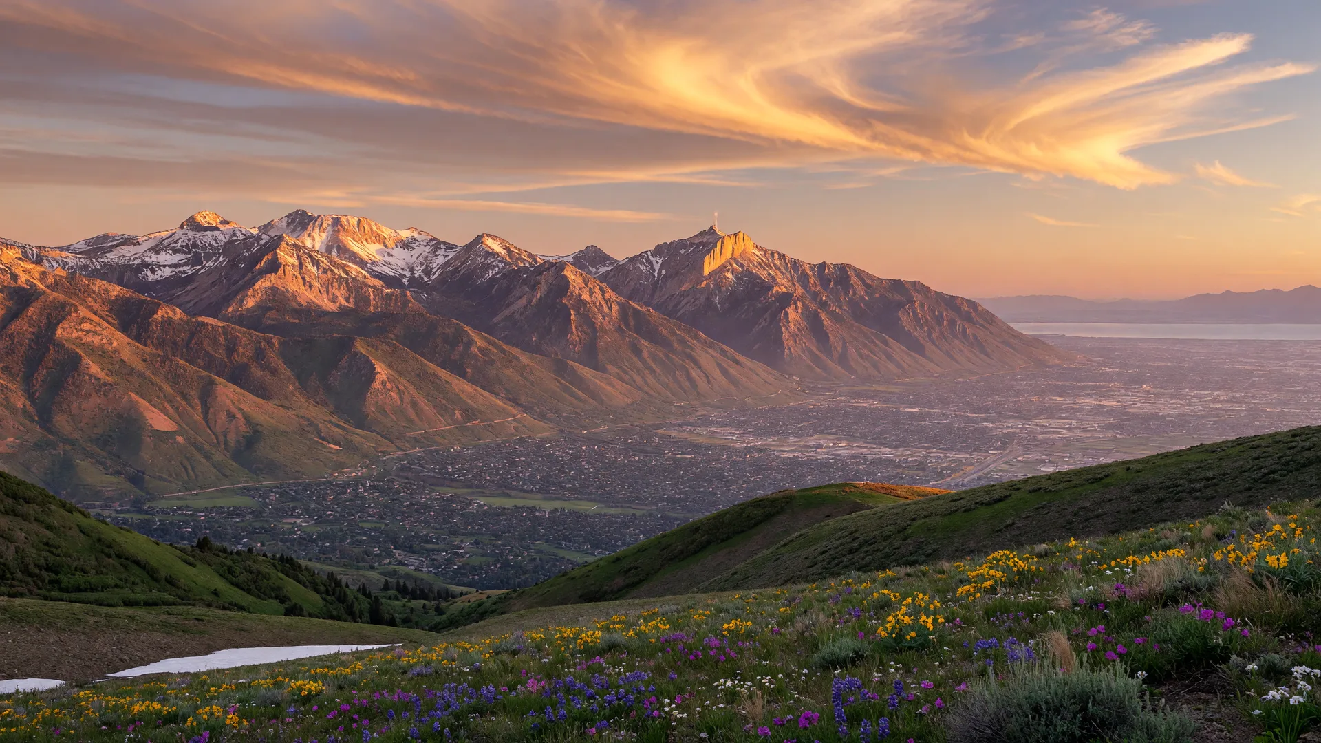 The Wasatch Front mountain range towers over the Salt Lake Valley at golden hour