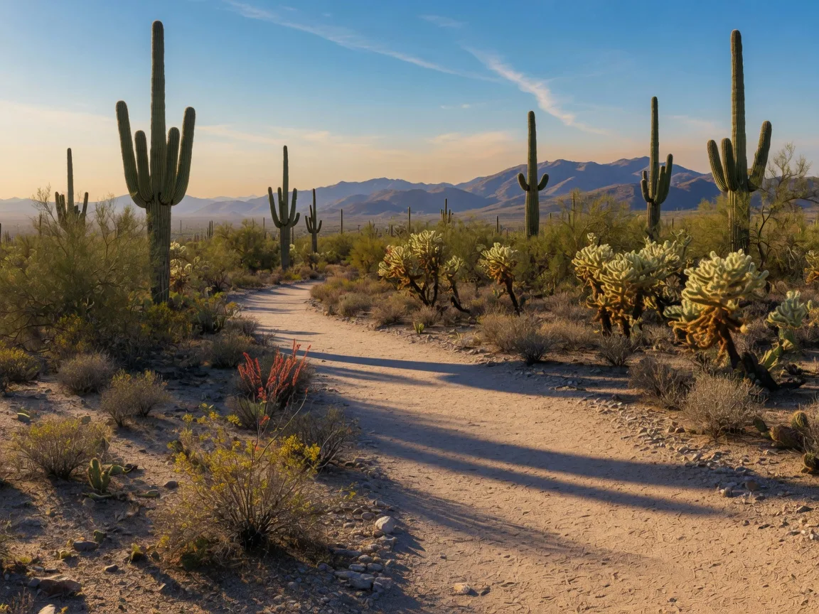 Sonoran Desert hiking trail with saguaro cacti near Peoria, Arizona