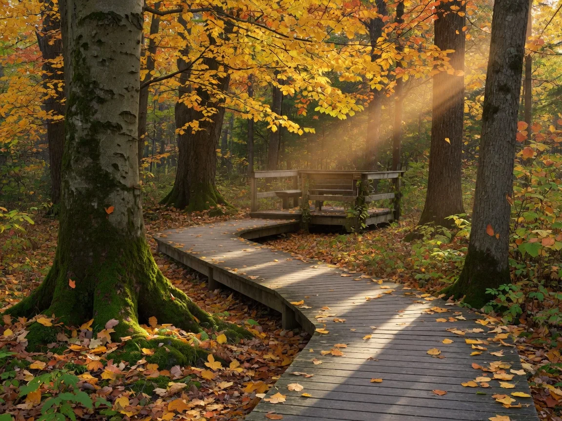 A woodland boardwalk winding through a mature beech and maple forest carpeted with amber autumn leaves at Seven Ponds Nature Center