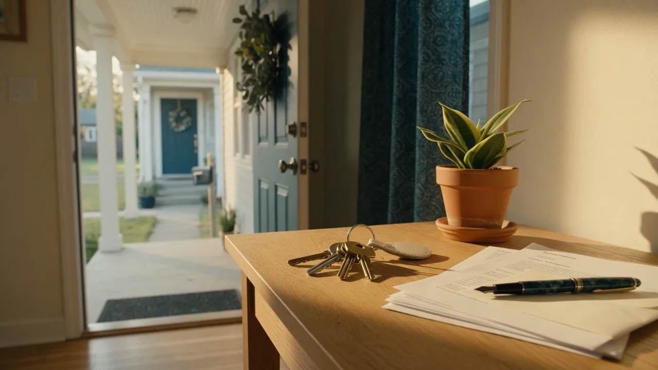 New house keys on a wooden entry table beside paperwork, golden morning light in a suburban South Carolina home