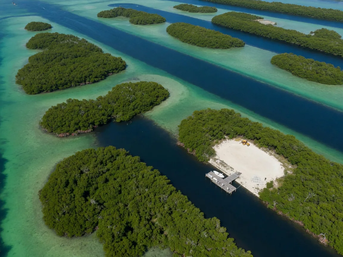 Aerial view of undeveloped mangrove keys and deep-water canals in the Florida Keys, dense green islands surrounded by turquoise shallows with a single cleared homesite and private dock among untouched shoreline