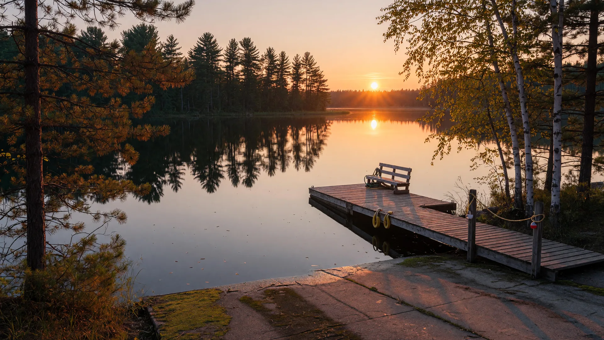 Two-lane concrete boat launch on a calm lake at golden hour with a wooden dock and pines across the water