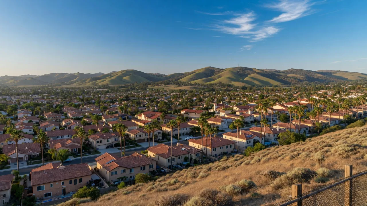 Scenic hillside view overlooking Murrieta, California with tile-roofed homes and green hills