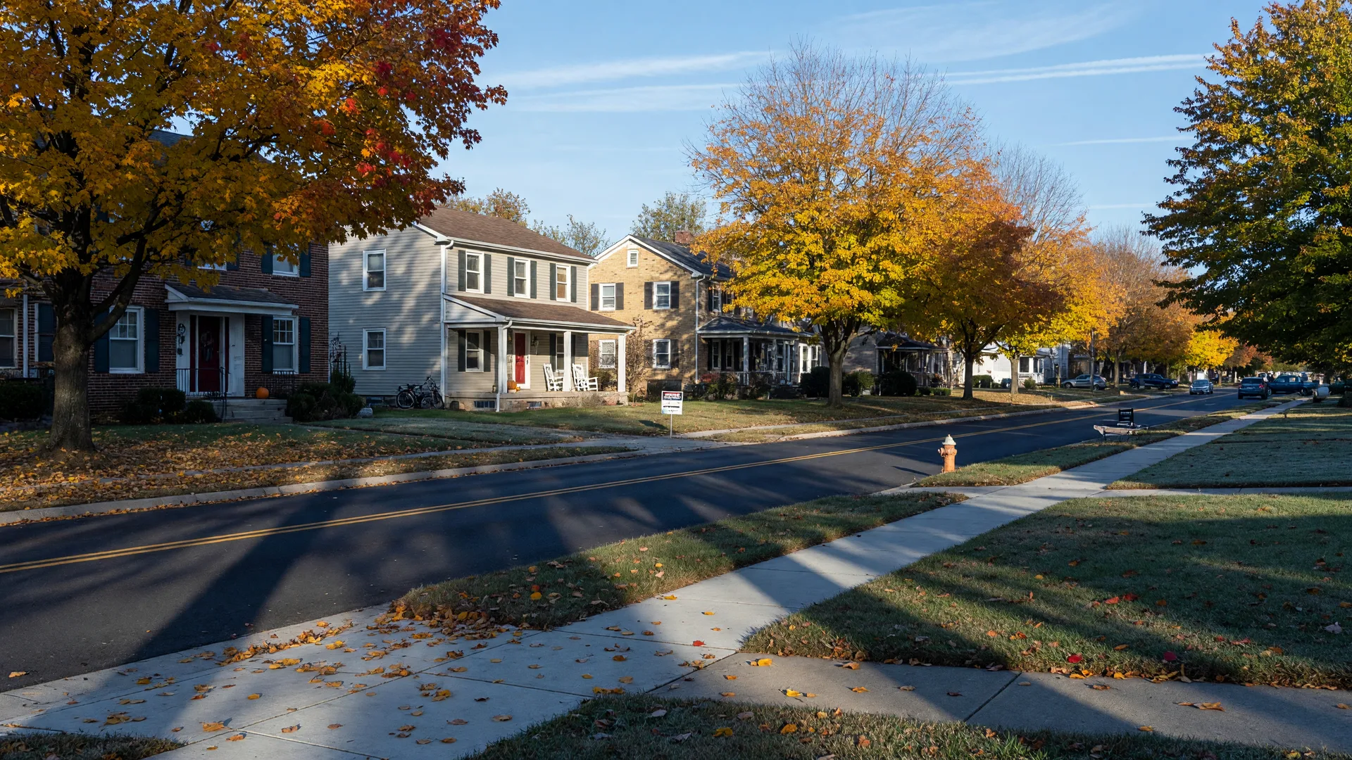 A tree-lined residential street in central Indiana on a crisp October morning, mature maples showing strong fall color and a for-sale sign visible in one front yard