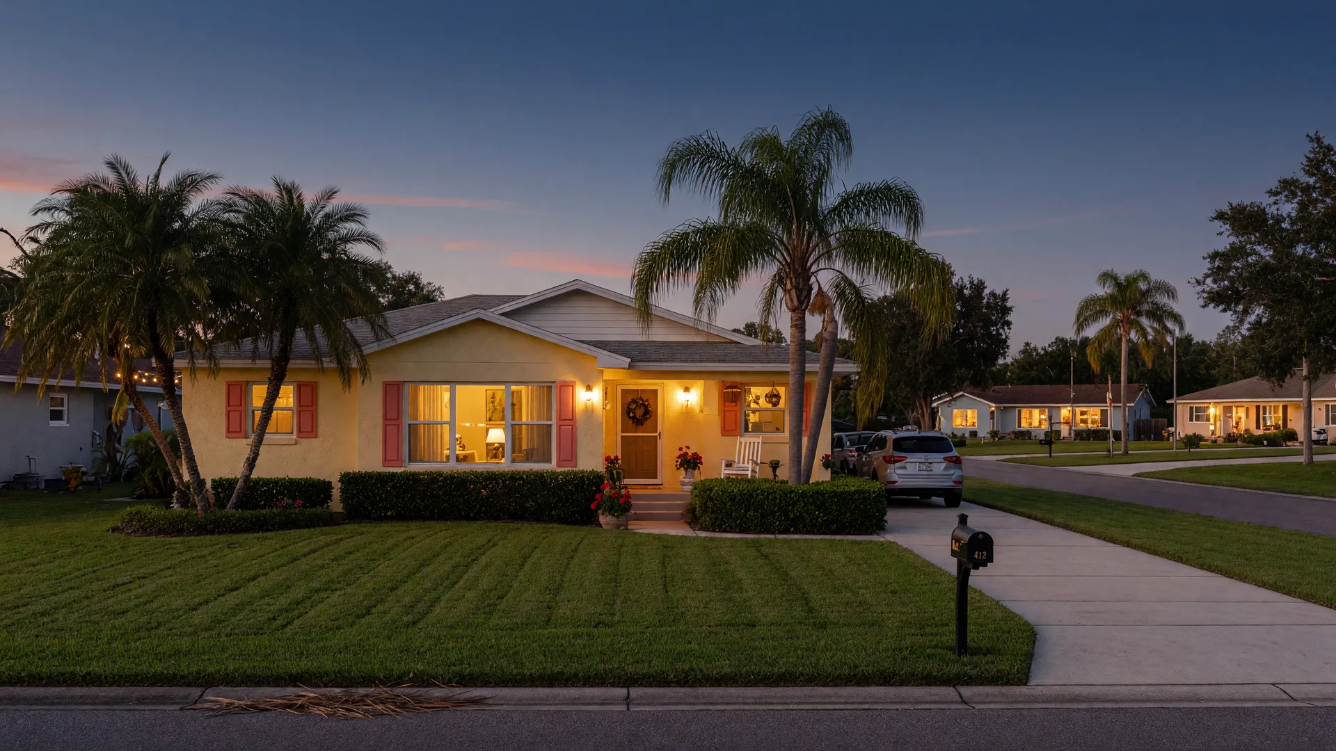 A welcoming Tampa Bay home glowing with warm window light at dusk, framed by palm trees and a tidy lawn on a tree-lined street