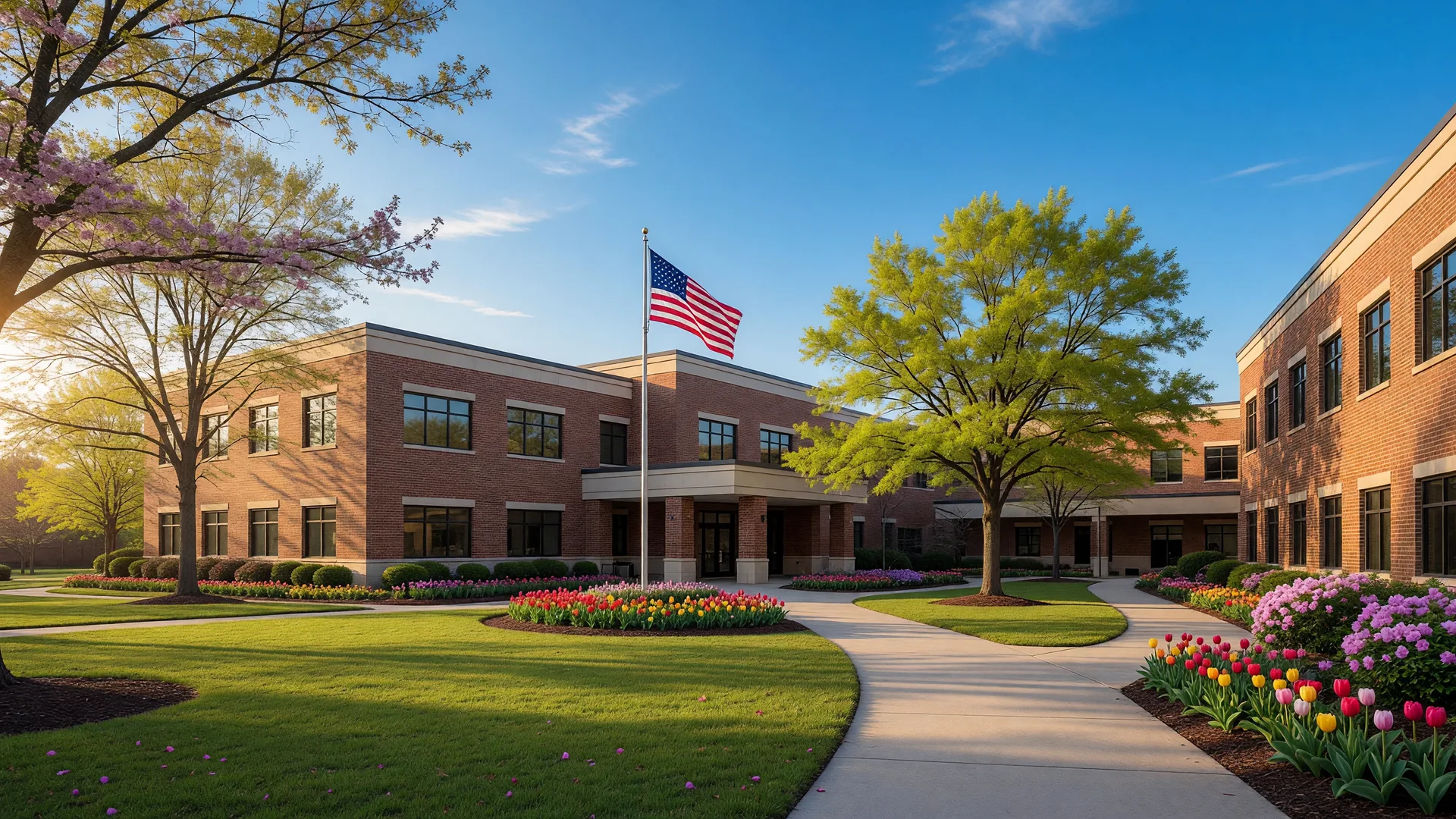 Modern brick school campus in Dacula Georgia with landscaped lawns and clear sky