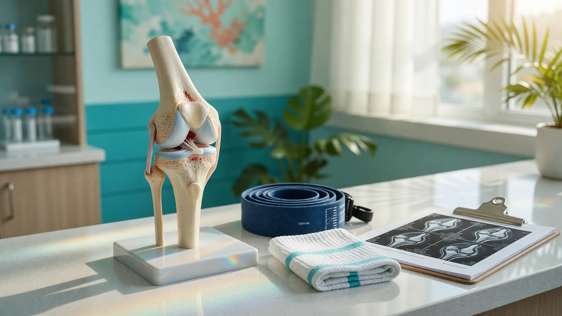 A realistic anatomical model of a knee joint on a white examination counter beside a resistance band and a clipboard with a knee MRI scan sheet in a bright Honolulu clinic