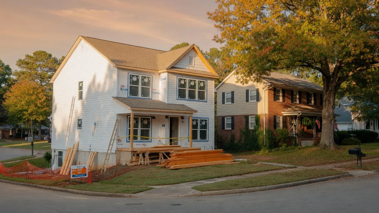 A brand-new construction home beside an established resale home in a Raleigh Triangle suburb