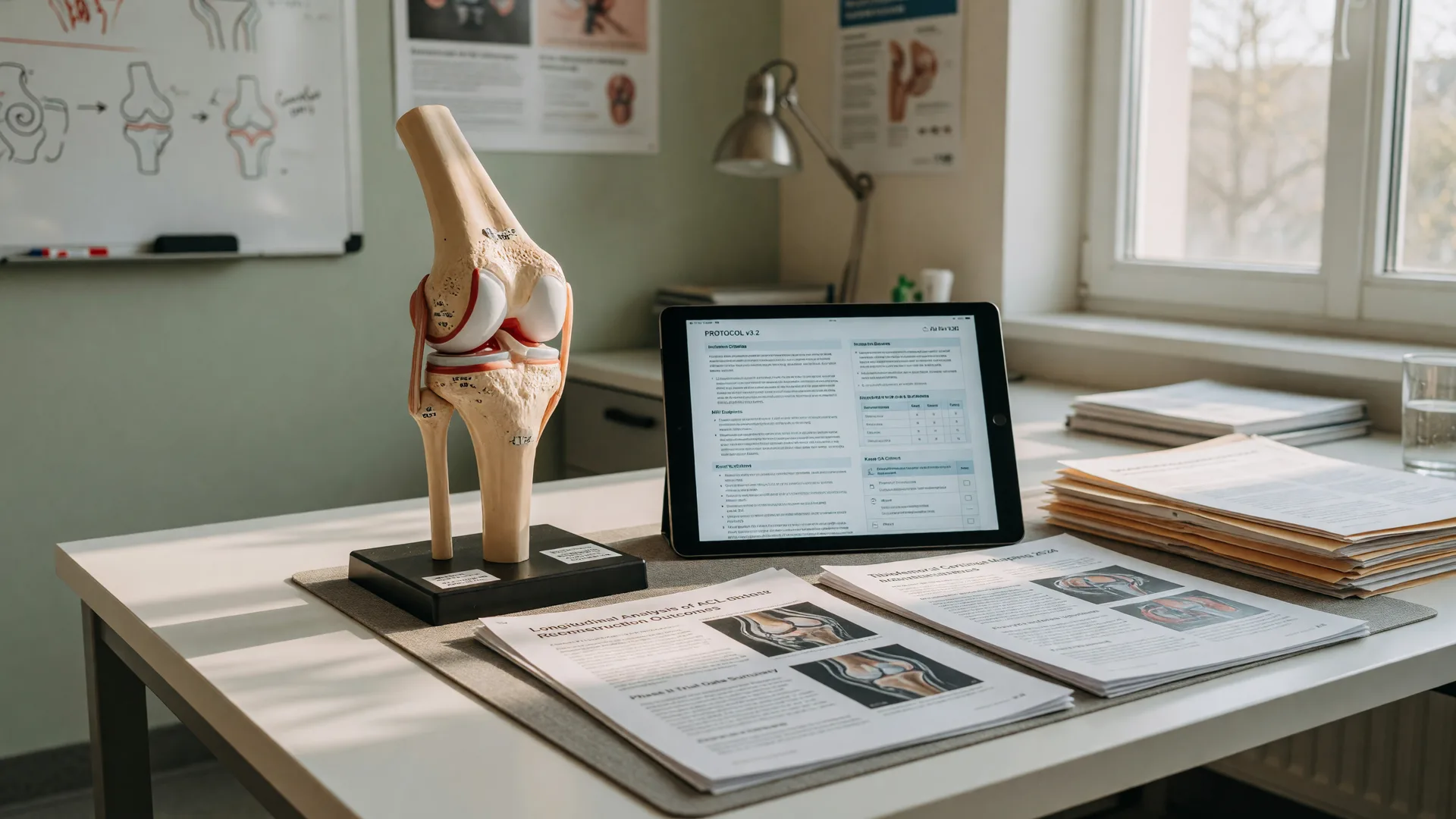 An anatomical model of a human knee joint on a desk beside a tablet showing a clinical study protocol and a neat stack of research papers in a modern medical office