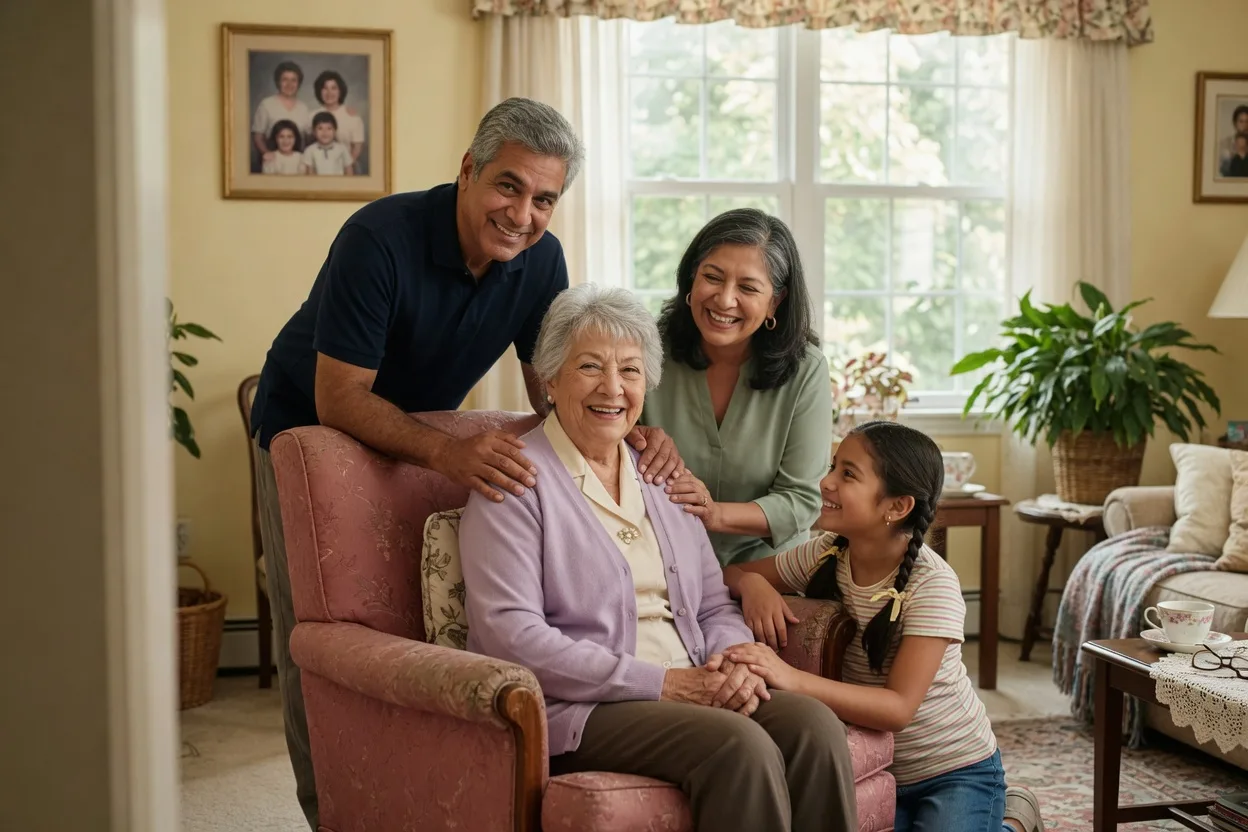 A warm multi-generational family gathered together in a caring moment, reflecting the family support around a patient at home