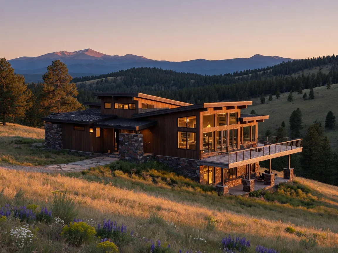 A modern cedar-and-stone mountain home at golden hour beneath Colorado foothills