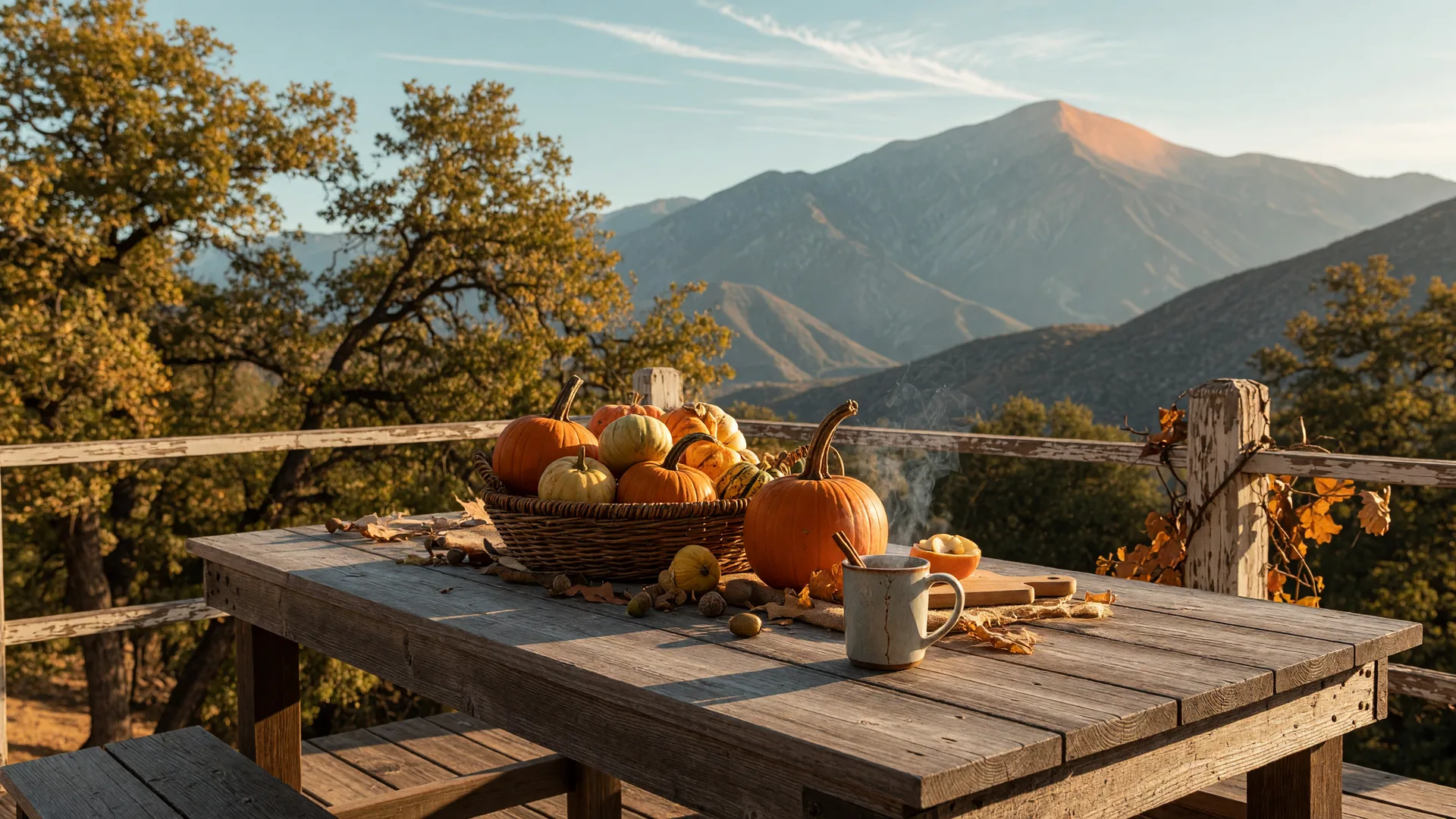 A rustic harvest table with pumpkins and apple cider on a foothills farm deck, with the San Gorgonio Pass mountains in the distance
