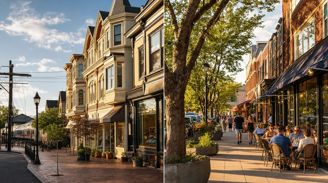 Split-screen comparison of Haddonfield NJ historic downtown and Collingswood NJ vibrant restaurant and arts district