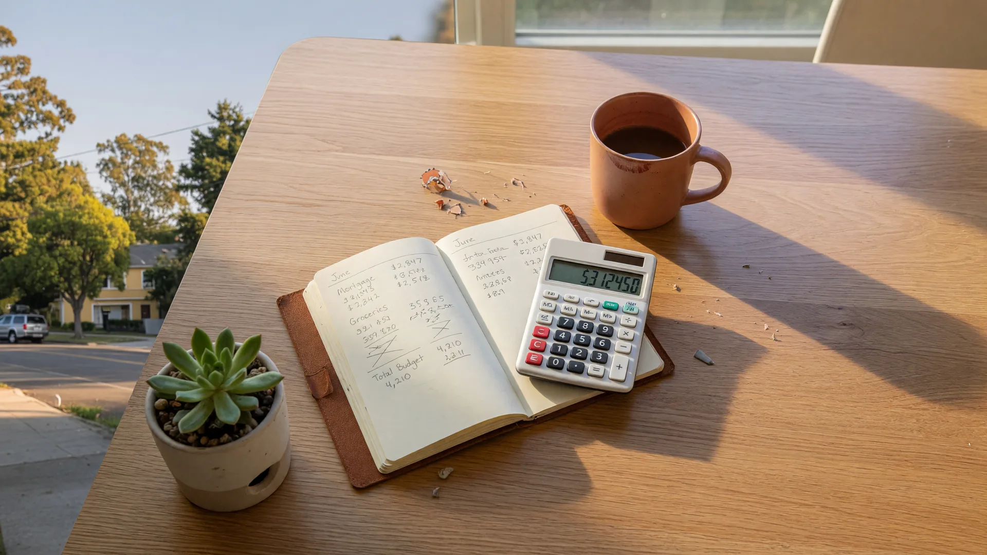 Mortgage calculator, notebook with budget figures, and coffee on a sunlit dining table with a tree-lined street visible through the window