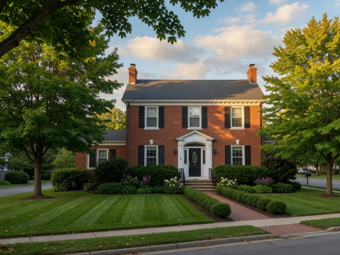 A classic brick colonial home on a tree-lined Michigan street
