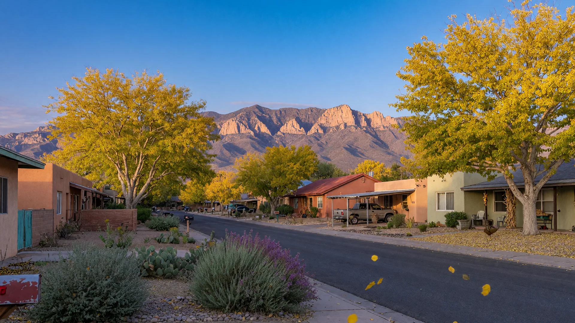 Golden cottonwood trees lining an Albuquerque residential street with the Sandia Mountains in the distance on a clear October afternoon