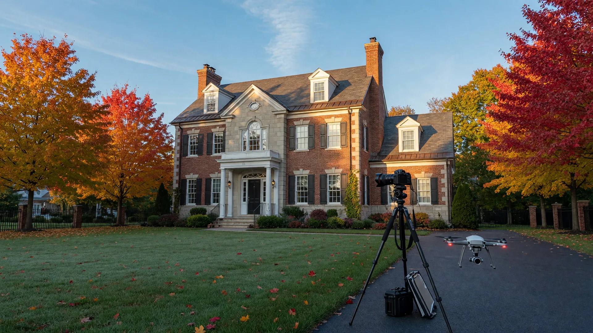 Professional marketing photo shoot of a brick and stone colonial home in Westlake, Ohio on a crisp October morning, with a camera on a tripod and a drone in the driveway among golden maple trees