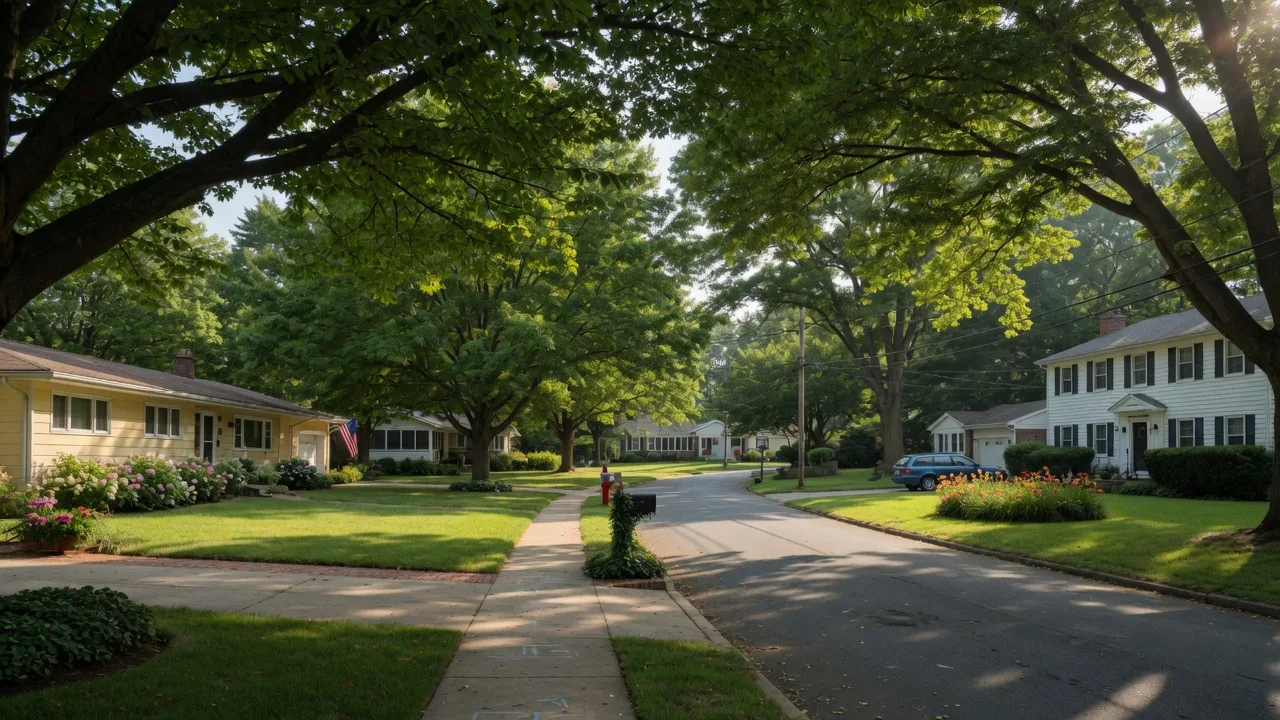 Tree-lined suburban street in Boothwyn, Pennsylvania with mid-century homes on a summer morning