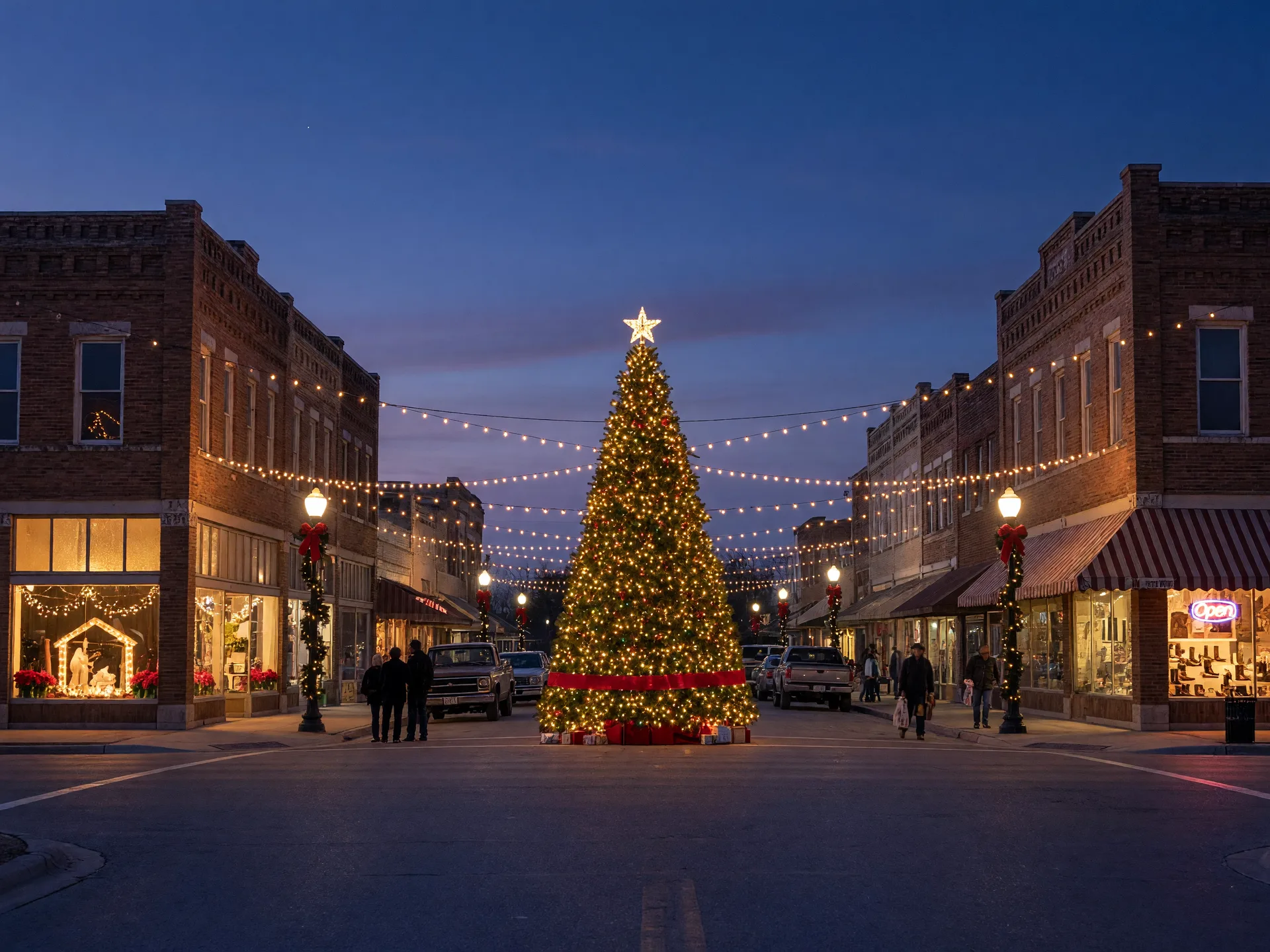 Event graphic of a small-town Texas holiday evening with a glowing community Christmas tree and string lights across a historic main street.