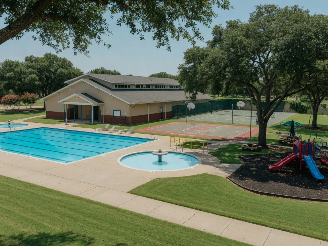 Junior Olympic pool, tennis courts, and playscape at the Lake Forest community amenity center in Round Rock Texas