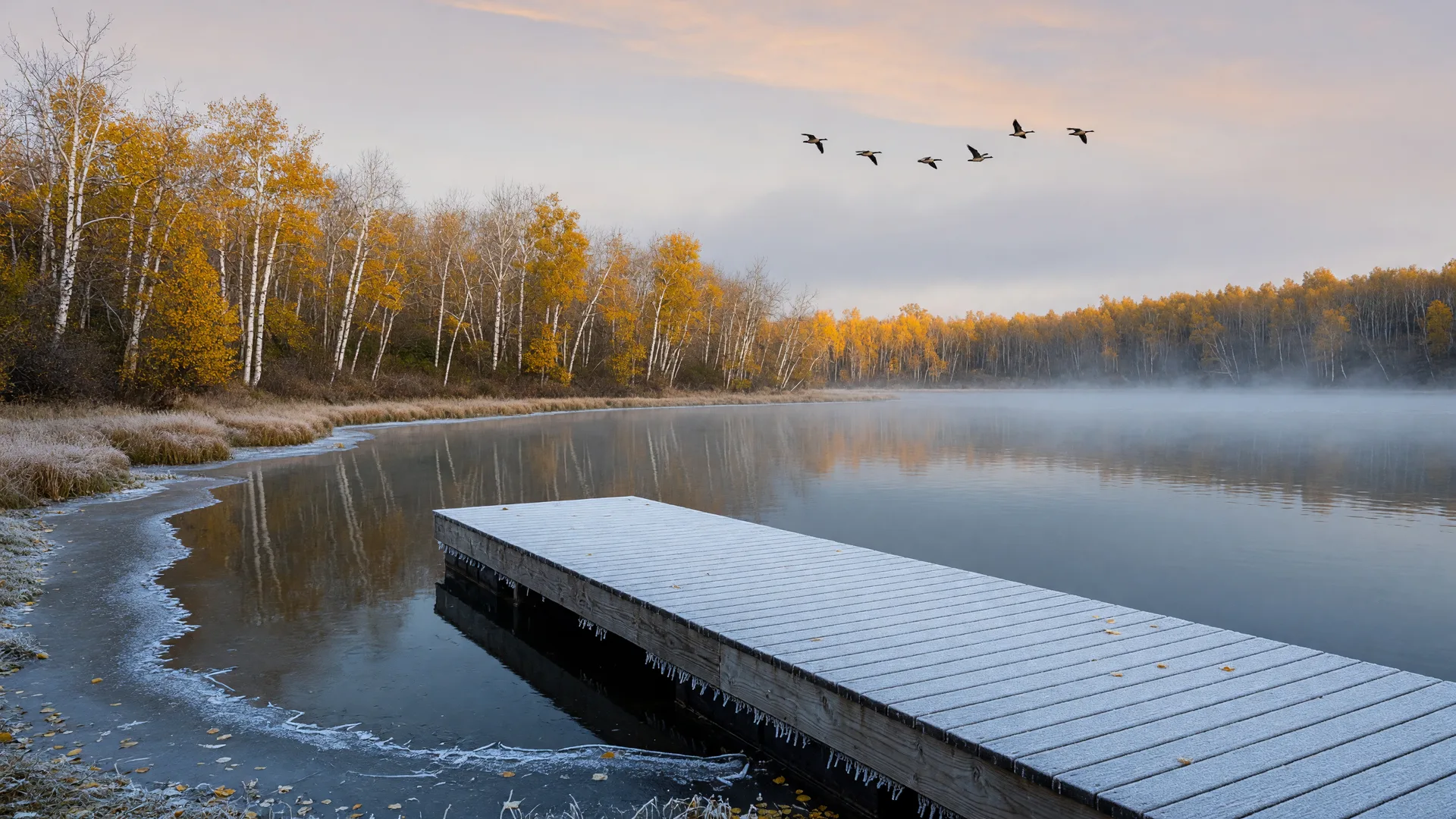 A central Minnesota lake at first light in late October, with frost on a wooden dock, thin ice at the water's edge, bare birch and last golden aspen along the shoreline, and low mist over the still cold water