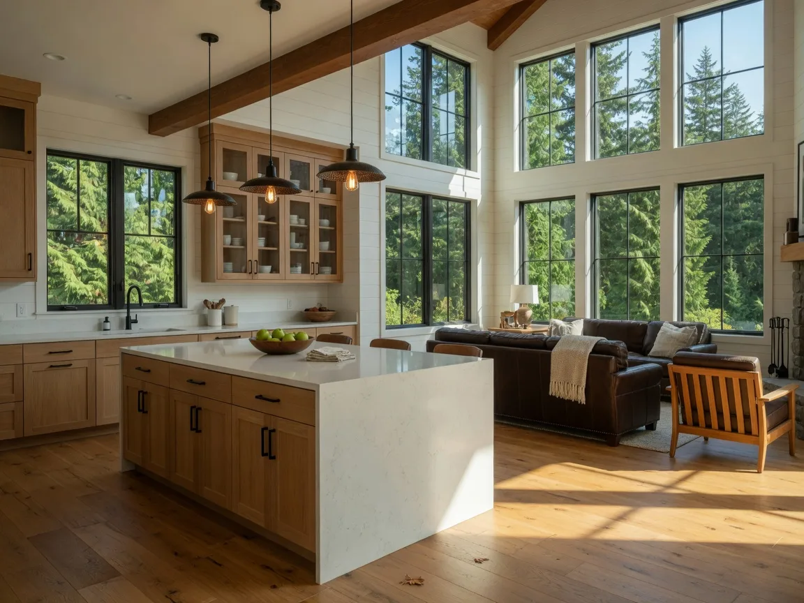 Bright open kitchen and living area in a newly built Pacific Northwest craftsman home