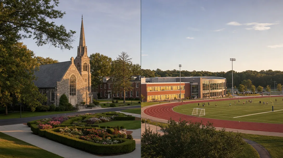 Split comparison of a historic private school with a chapel on one side and a modern public school with athletic fields on the other in South Jersey