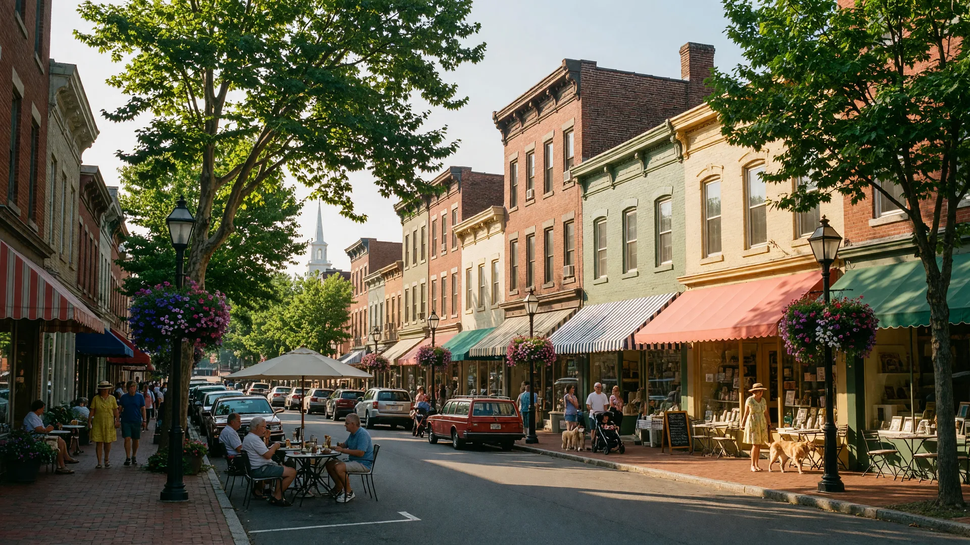 Historic Main Street in Doylestown with shops and restaurants
