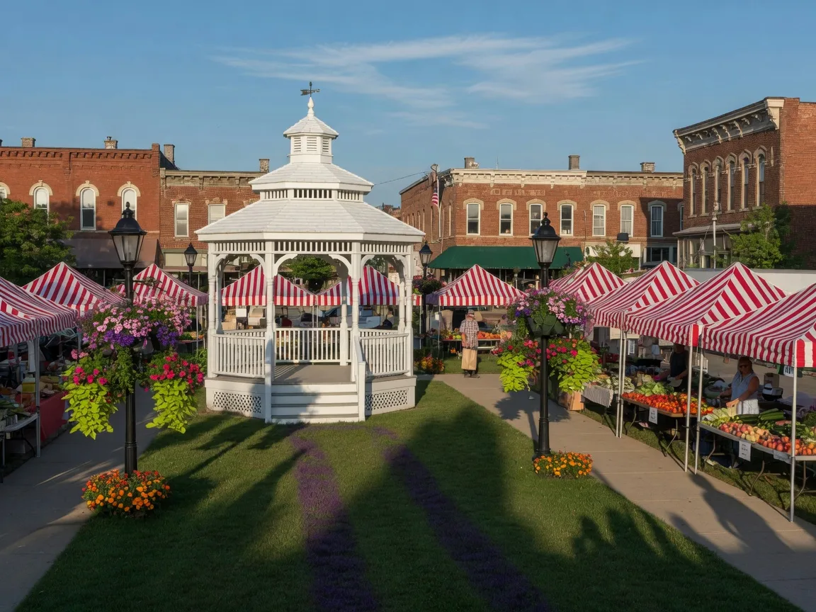 Medina Public Square with white gazebo and farmers market tents on a sunny summer morning