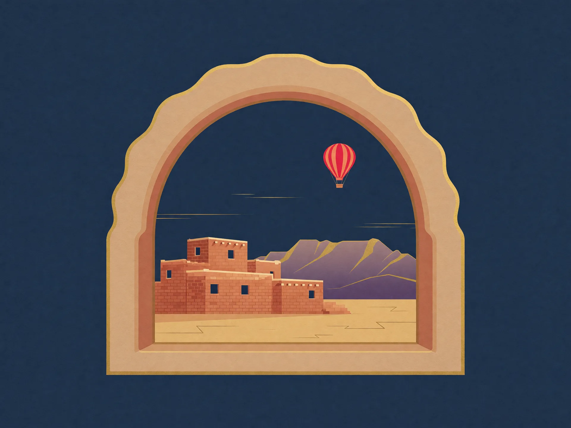 Southwestern adobe arch illustration with the Sandia Mountains and a hot air balloon