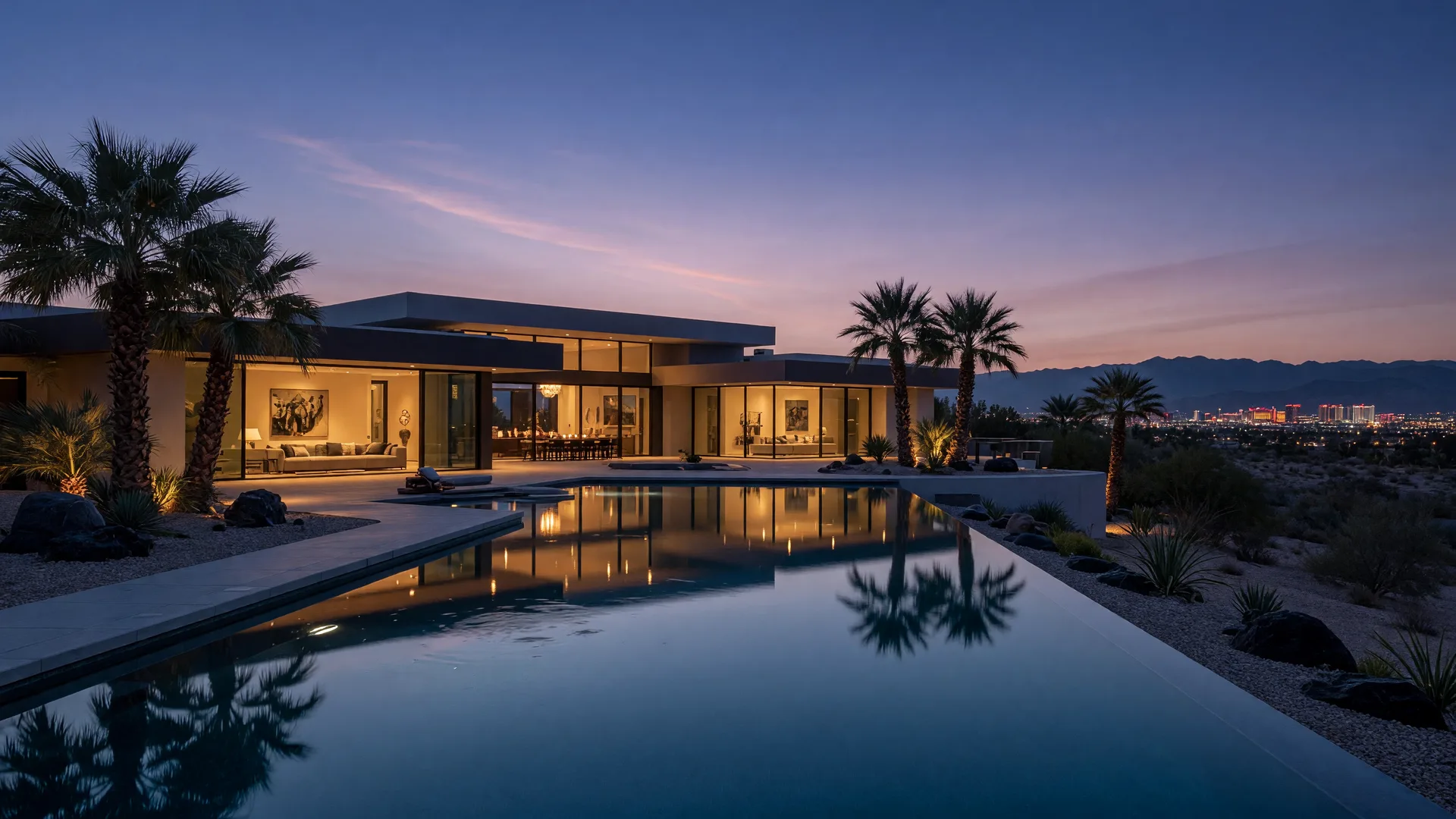 Modern luxury desert estate in the Las Vegas hills at twilight with an infinity pool and mountain silhouettes