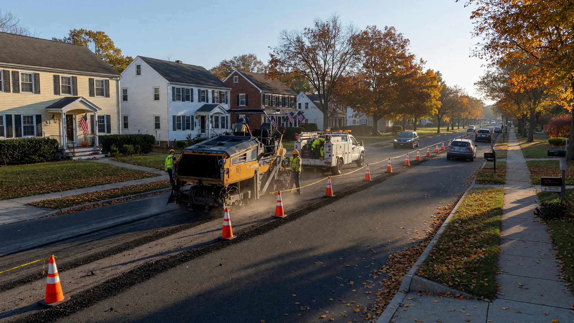 A road resurfacing crew and milling machine working on a tree-lined West Orange NJ avenue with one lane open to traffic on a crisp autumn morning