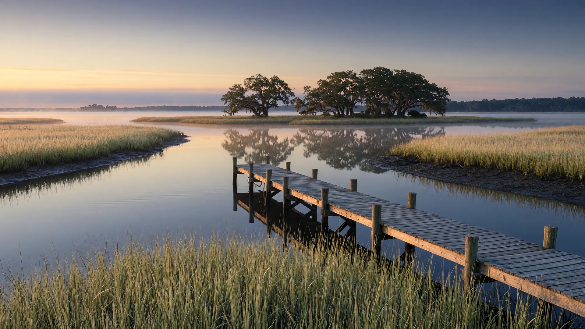 Salt marsh at dawn with a wooden dock over mirror-still tidal creeks