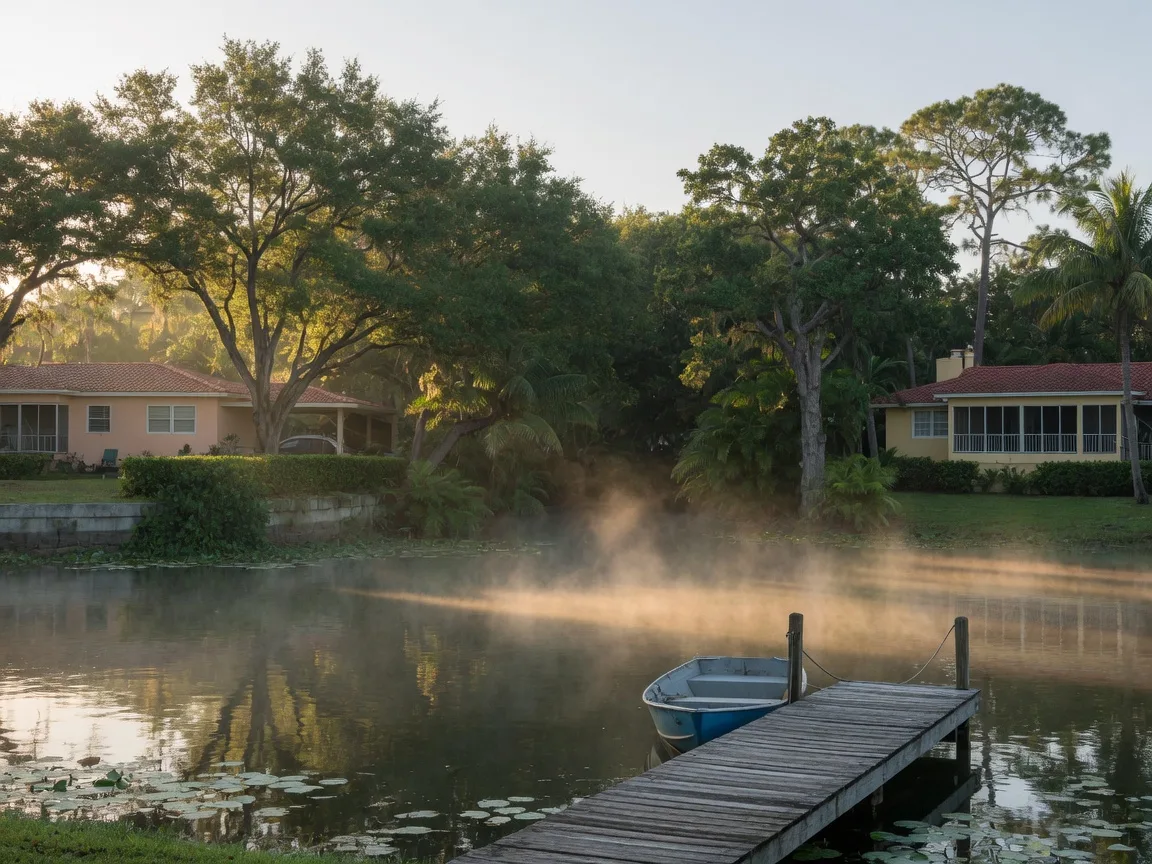 Lake Ida in Delray Beach with calm freshwater, wooden dock, and residential homes surrounded by mature trees