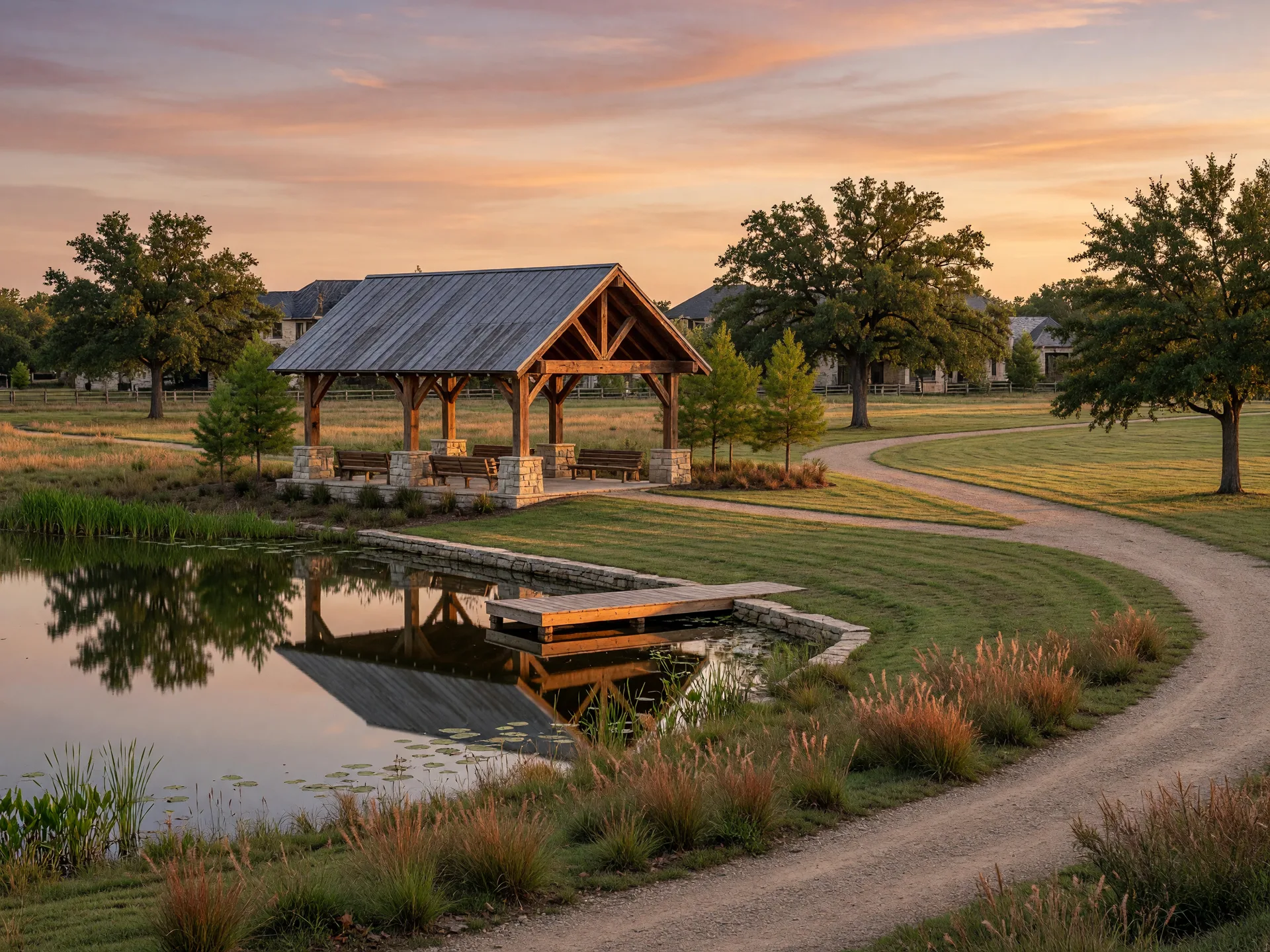 Representative image of a timber and stone pavilion beside a tree-lined fishing pond with an event lawn and walking trail at golden hour