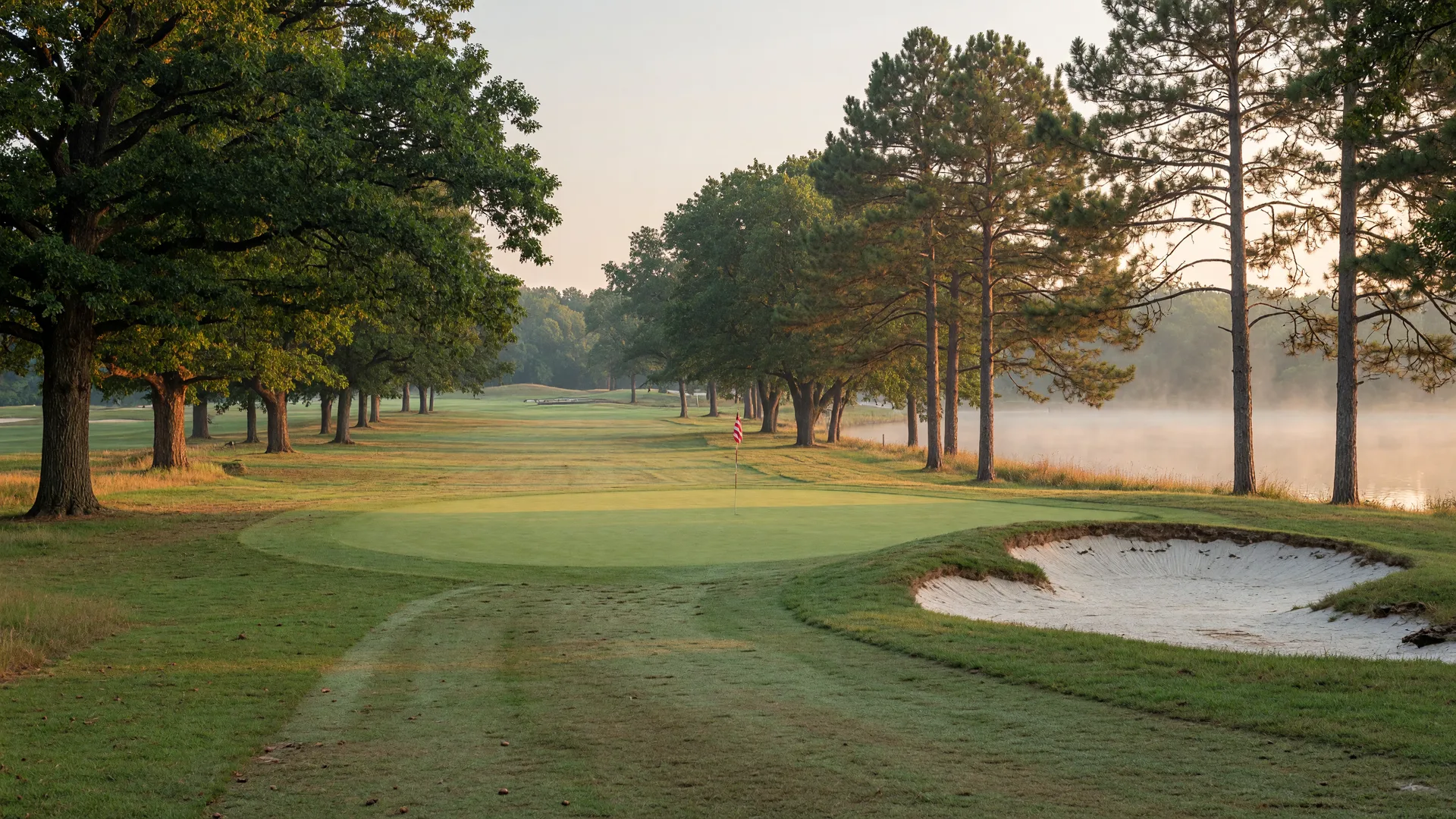 Classic parkland golf fairway framed by mature oak and pine at a lakeside Minnesota resort, with a bunker and flag with mist off the lake