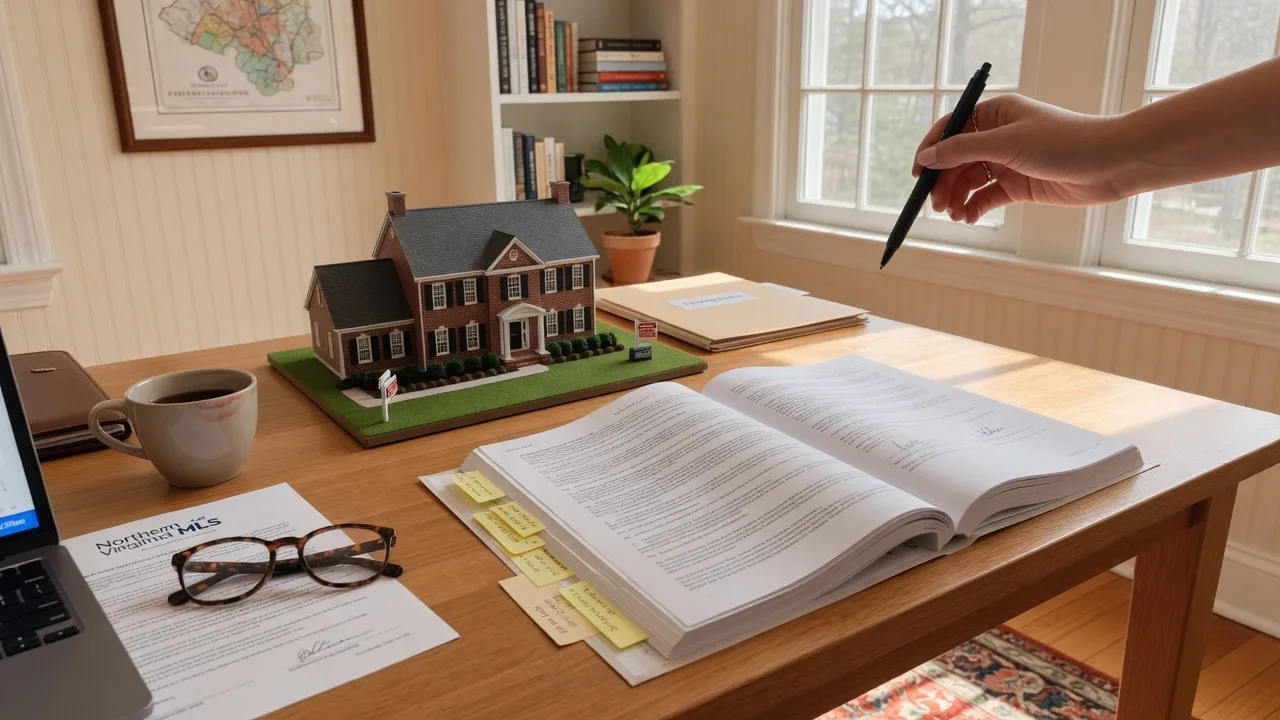Reviewing a real estate contract at a wooden desk, with a pen in hand and a home model nearby in a Northern Virginia home office