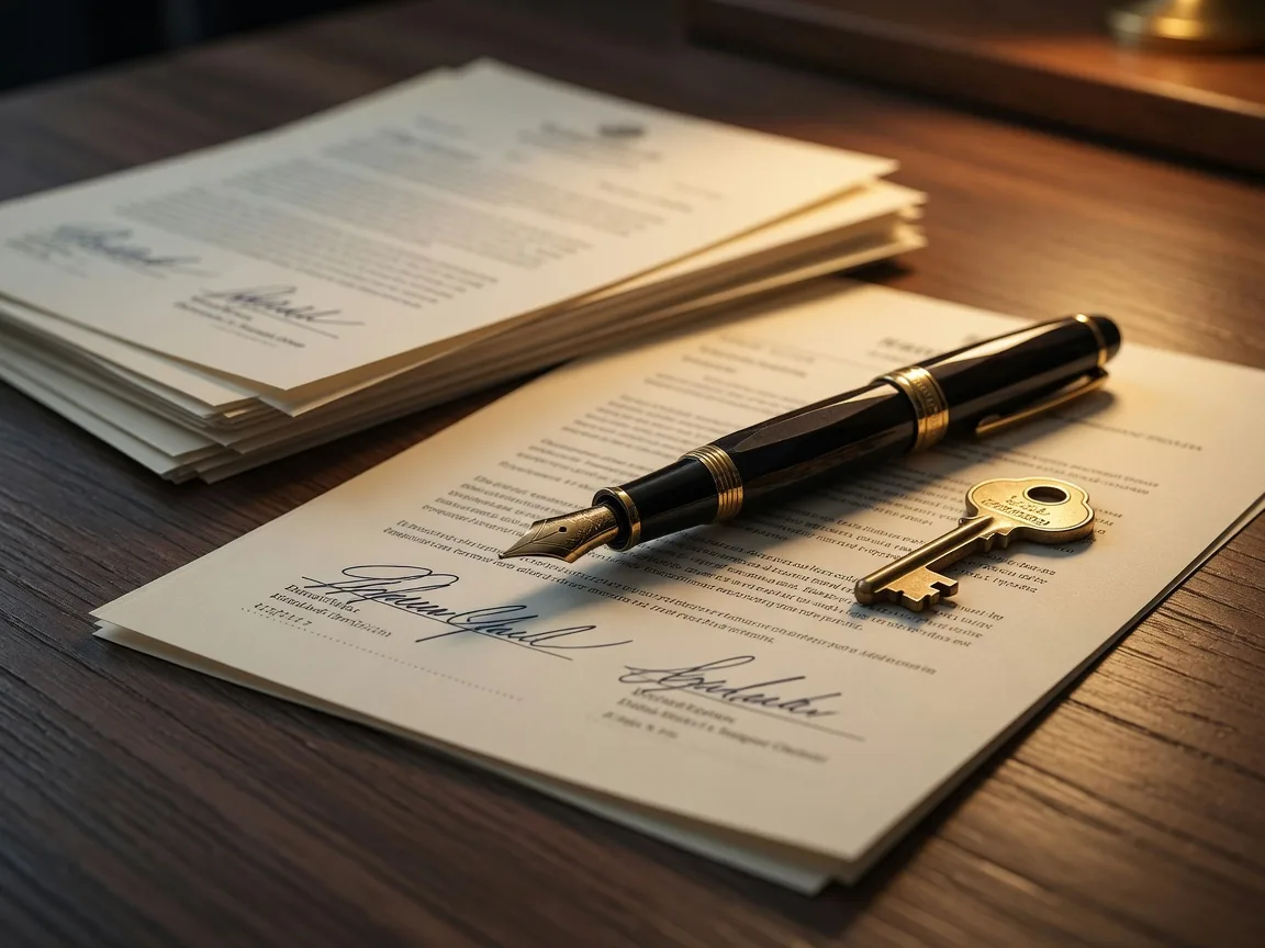 A fountain pen resting on a purchase contract beside a brass house key in lamplight