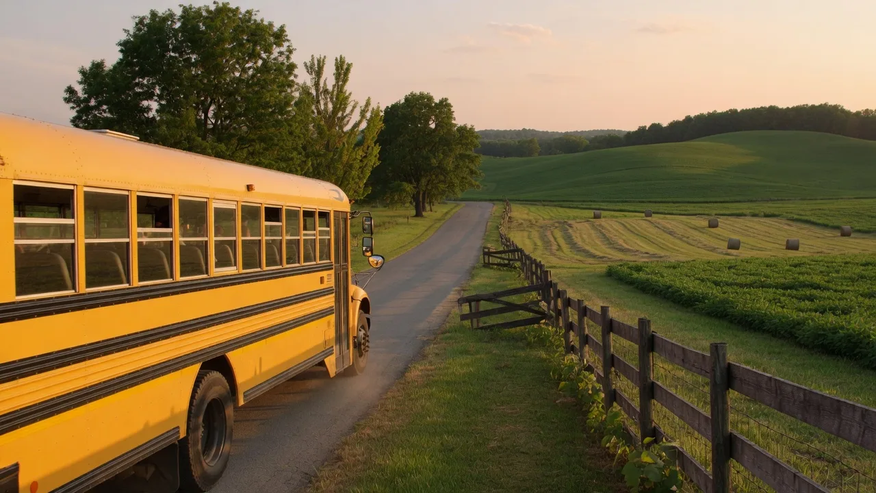A yellow school bus on a quiet Kentucky country road in the late afternoon