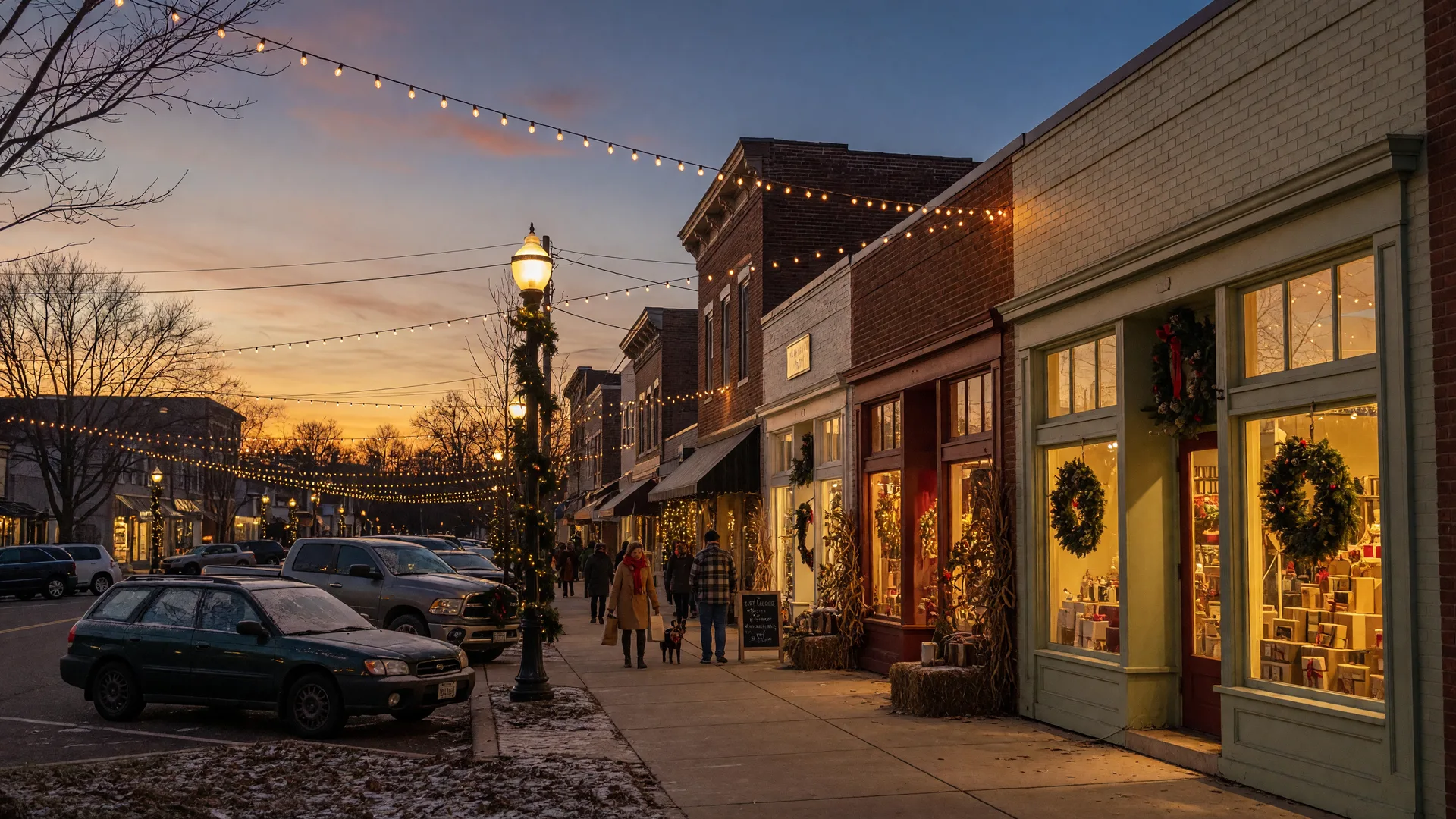 A small-town main street in Ambler, Pennsylvania decorated with holiday lights at dusk