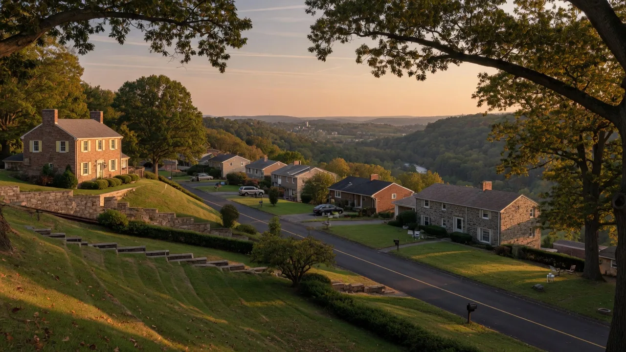 Hillside homes in Lafayette Hill, Pennsylvania with views across the Wissahickon valley in late-afternoon light
