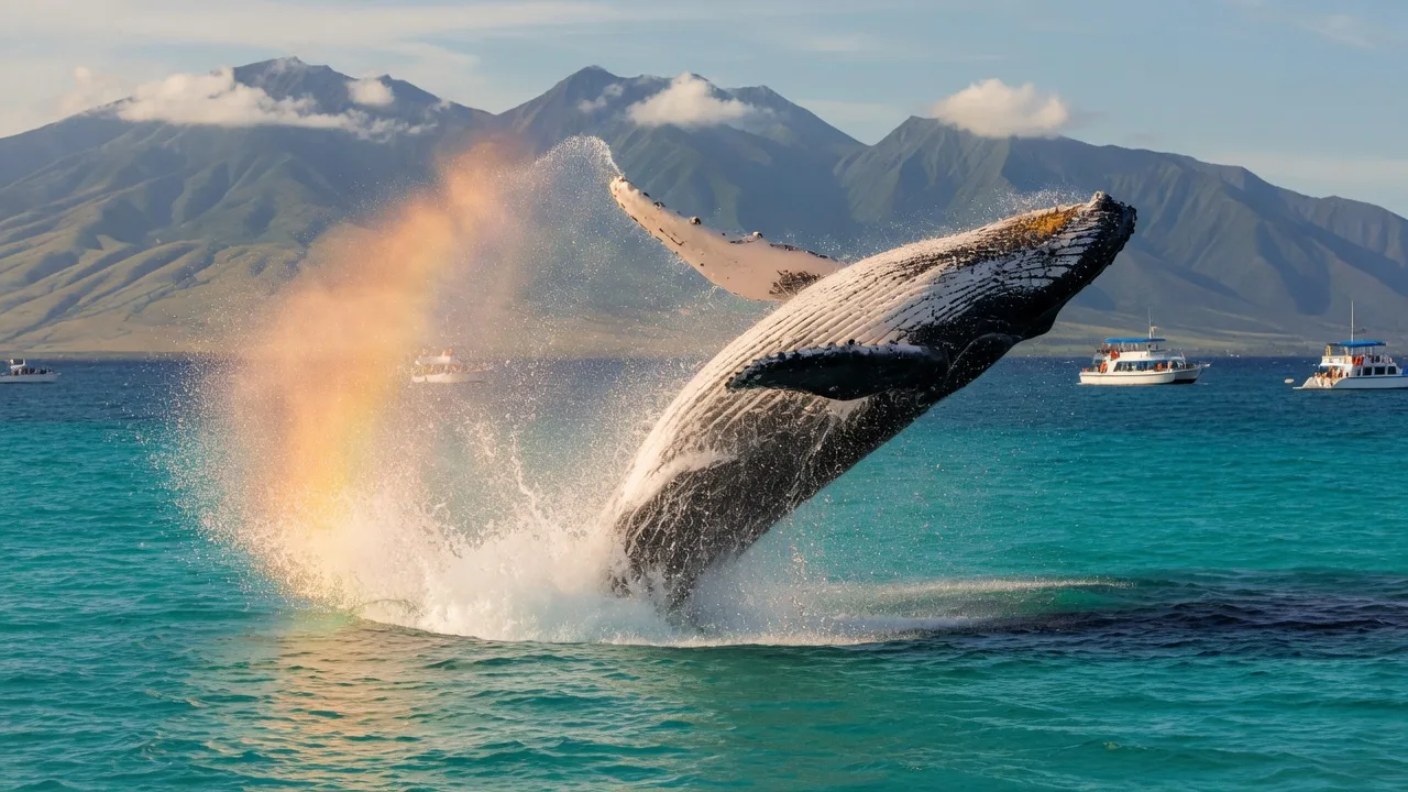 Humpback whale breaching off the coast of Maui with turquoise waters and West Maui mountains in the distance